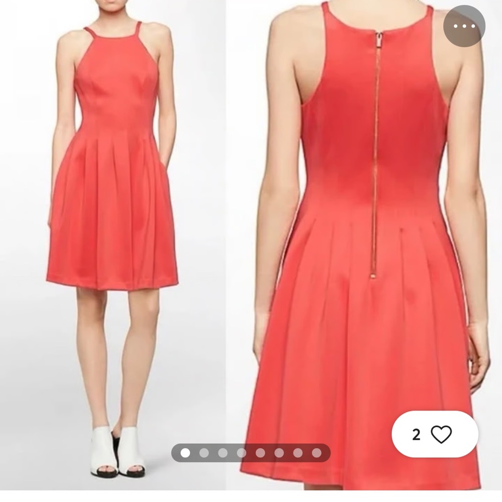 CALVIN KLEIN FIT & FLAIR COCKTAIL DRESS IN WARM ORANGE RED, 2 POCKETS,‎ GOLD ZIP